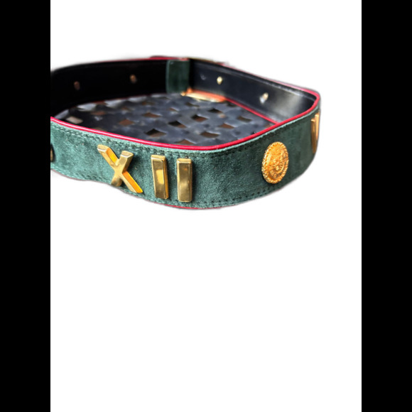 Escada Belt Green Suede with Red edging,  Gold Buckle and Gold Roman Numerals - Picture 10 of 10